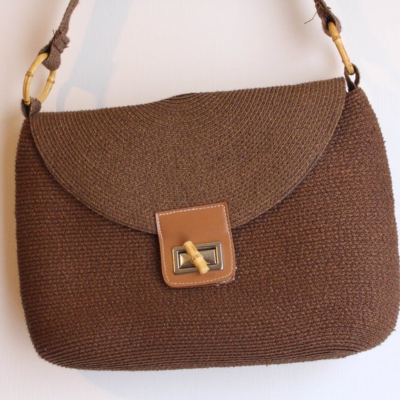 Brown Paper Straw w/ beige Wood Trim and leather , Satchel Shoulder Bag - Picture 1 of 7